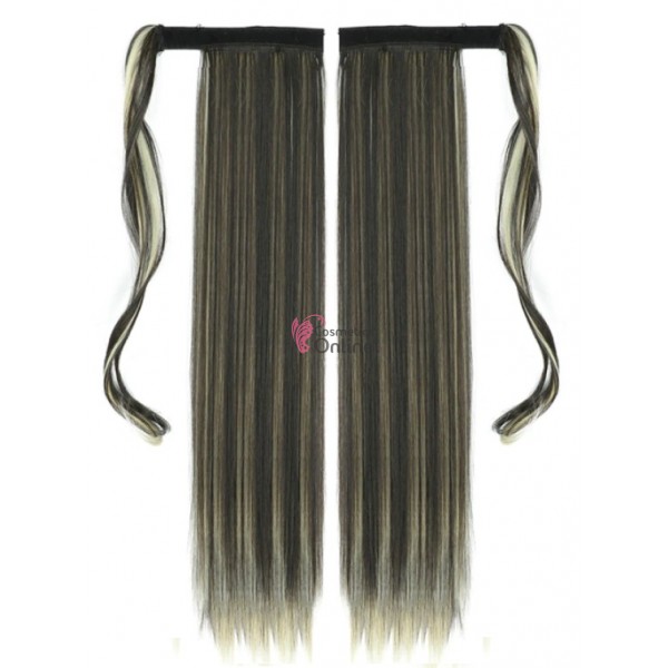 Extensie de par coada dreapta cu clema si arici 60 cm cod SI66F8613 Brunet cu Blond Deschis